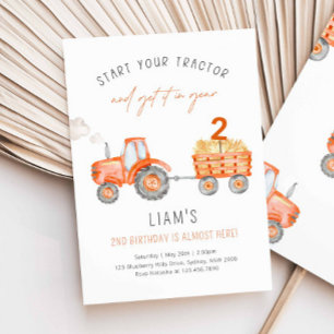Invitación Naranja Tractor Cualquier fiesta de cumpleaños de 