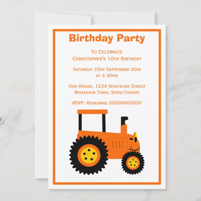 Invitación Naranja Tractor Diseño fiesta de cumpleaños person (Anverso)