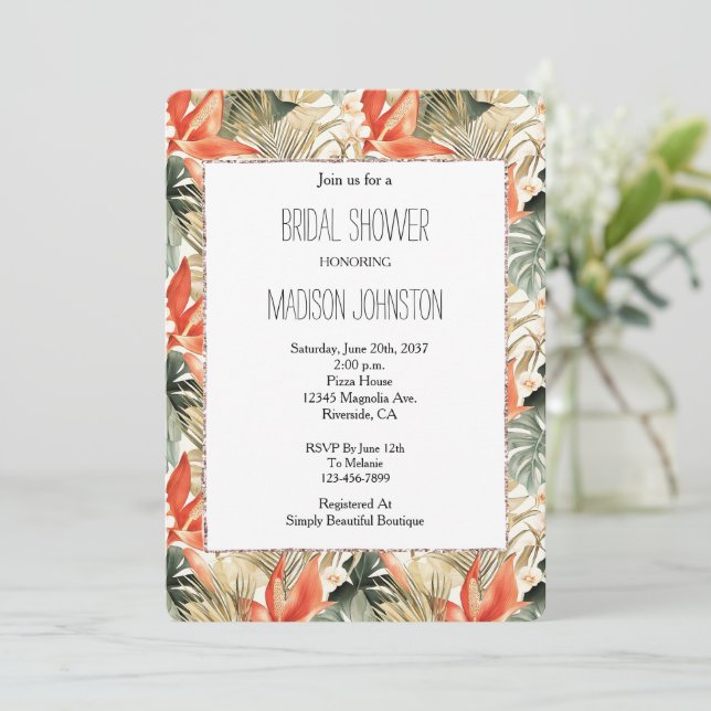 Invitación Naranja Tropical Anthurium Floral Bridal Shower (Anverso de pie)