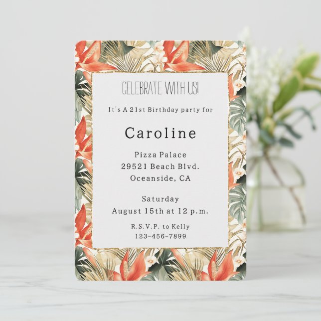 Invitación Naranja Tropical Anthurium Floral Cumpleaños (Anverso de pie)