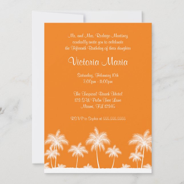 Invitación Naranja Tropical Beach Palm Tree Quinceanera Fiest (Anverso)