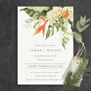 Invitación Naranja Tropical Boda Botánico de Leafy Verde