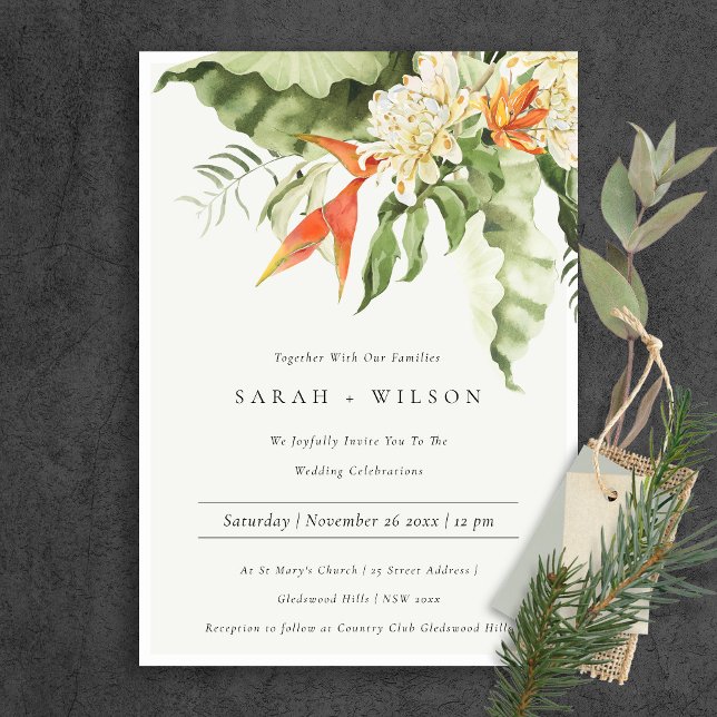 Invitación Naranja Tropical Boda Botánico de Leafy Verde (Subido por el creador)