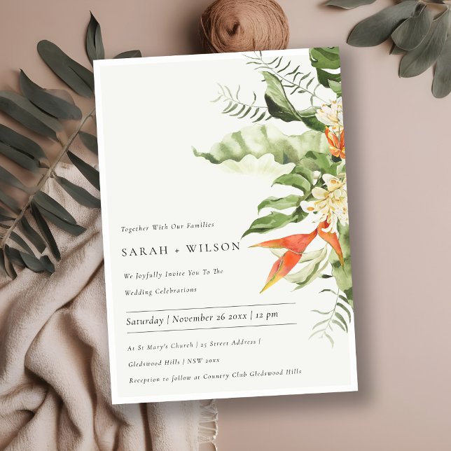 Invitación Naranja Tropical Boda Botánico de Leafy Verde (Subido por el creador)