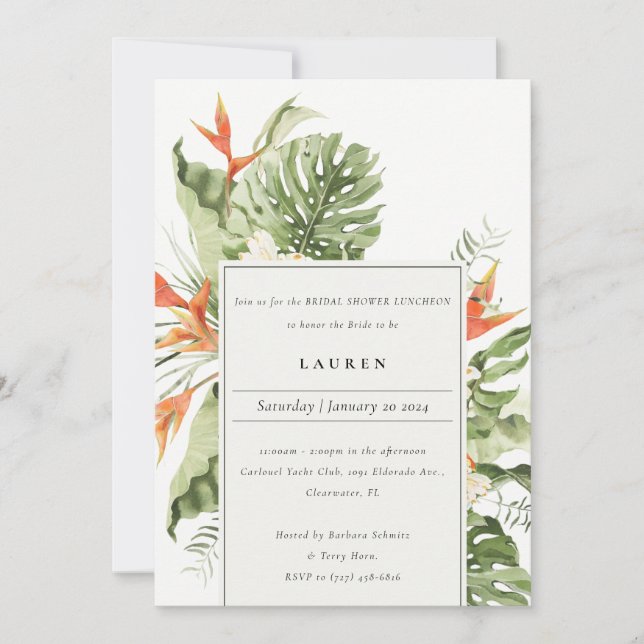 Invitación Naranja Tropical Ducha Botánica Verde Bridal (Anverso)