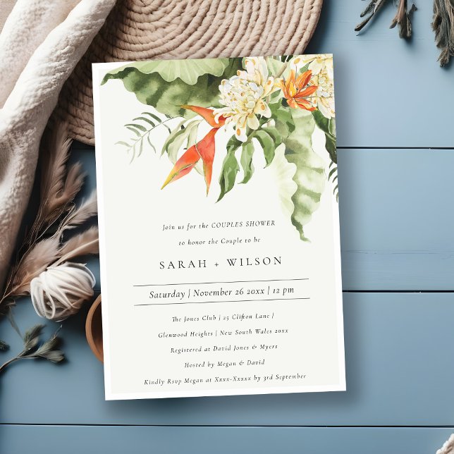 Invitación Naranja Tropical Ducha de Parejas Botánicas Verdes (Subido por el creador)