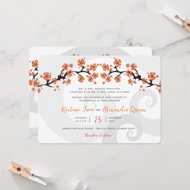 Invitación Naranja Tropical Hibiscus Fusion Boda de Swirl (Anverso/Reverso In Situ)
