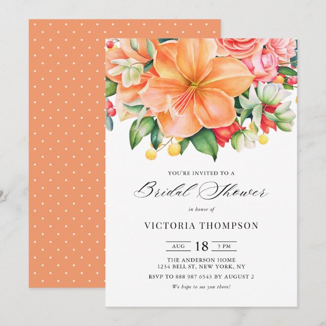 Invitación Naranja Tropical Hibiscus Succulent Bridal Shower (Anverso / Reverso)