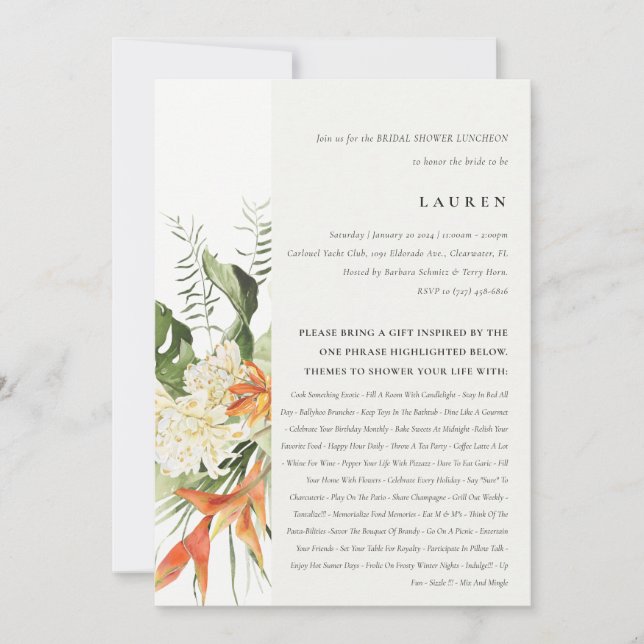 Invitación Naranja Tropical Leafy Botánica Bridal Shower (Anverso)
