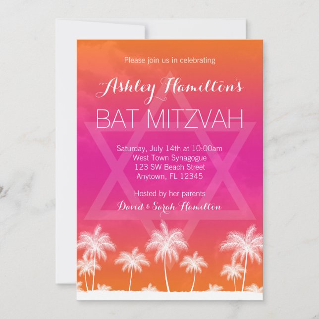 Invitación Naranja Tropical Pink Bat Mitzvah (Anverso)