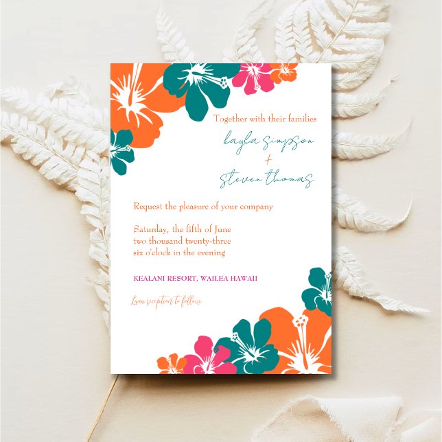 Invitación Naranja tropical Verde azulado Rosa Hibiscus Boda (Subido por el creador)