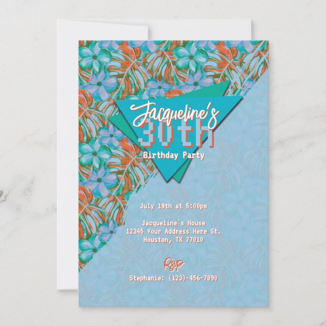 Invitación Naranja Tropical y Cumpleaños Floral Azul (Anverso)