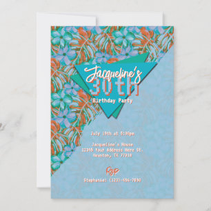 Invitación Naranja Tropical y Cumpleaños Floral Azul