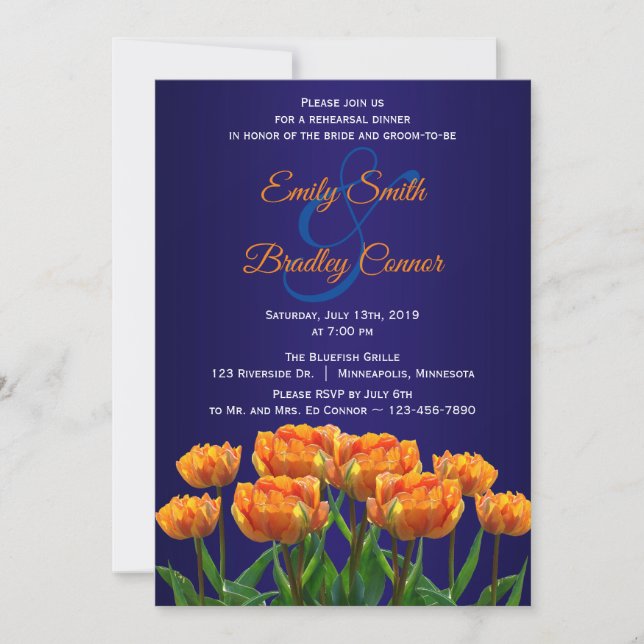 Invitación Naranja tulipanes en la cena de ensayo de Personal (Anverso)