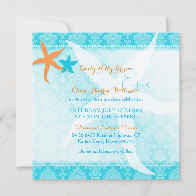 Invitación Naranja Turquoise Blue Starfish Pair Beach Wedding (Anverso)