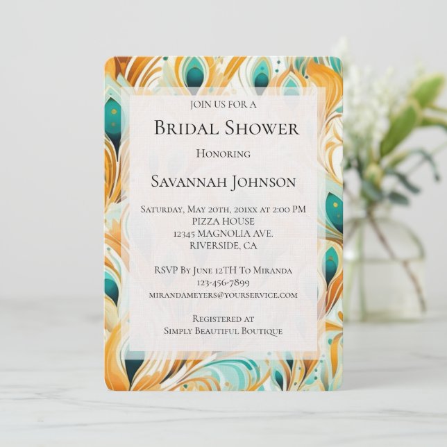Invitación Naranja Turquoise Peacock Fethers Bridal Shower (Anverso de pie)