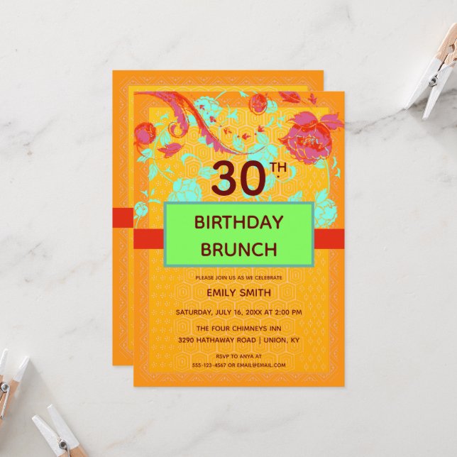 Invitación Naranja Turquoise Trendy Peony Birthday Brunch (Anverso/Reverso In Situ)
