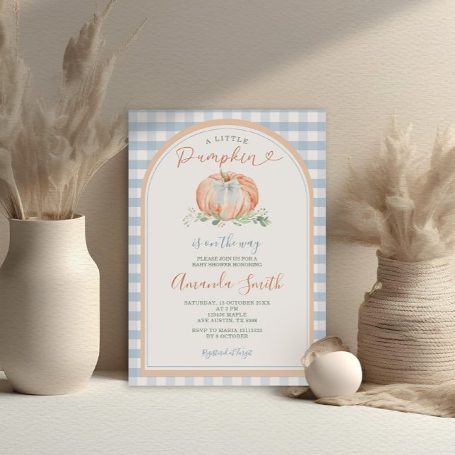 Invitación Naranja Un Pequeño Calabaza Azul Gingham Baby Show (Subido por el creador)