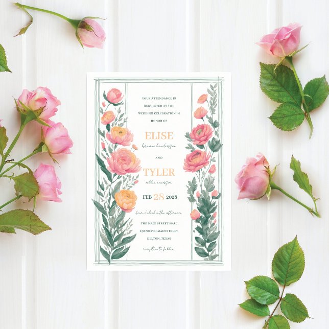 Invitación Naranja único Boda Ranunculus floral lateral rosa (Subido por el creador)