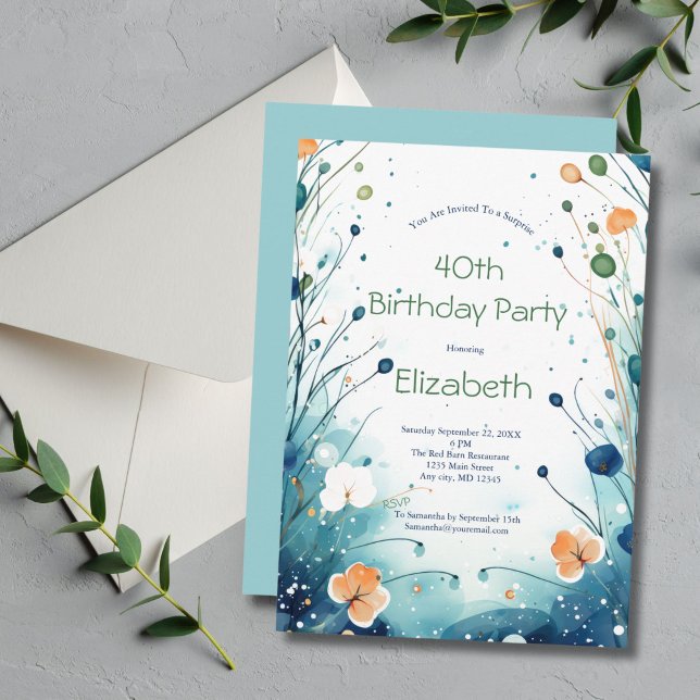 Invitación Naranja Verde Azul acuarela Floral 40 cumpleaños (Blue Green Orange Watercolor Floral Birthday invitation for her. Editable for any year)
