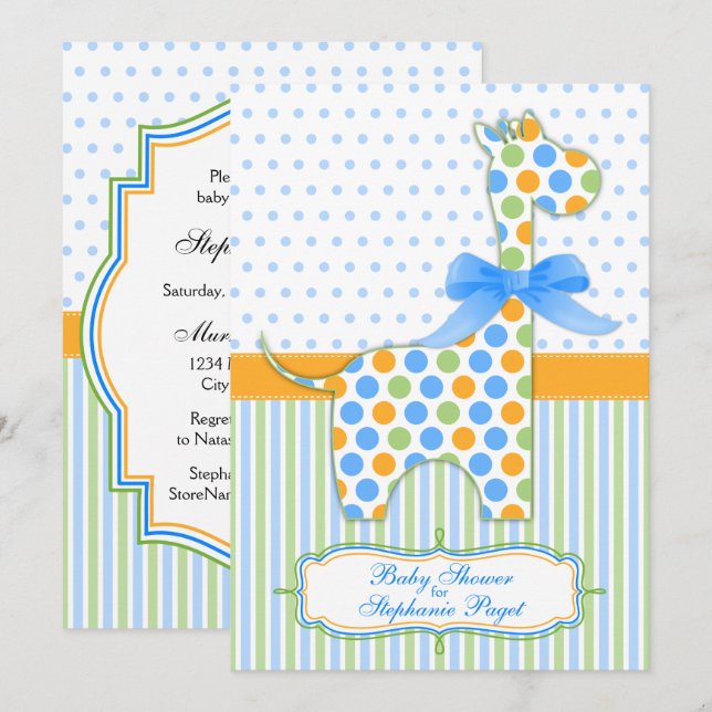 Invitación Naranja verde azul Giraffe Baby Shower (Anverso / Reverso)