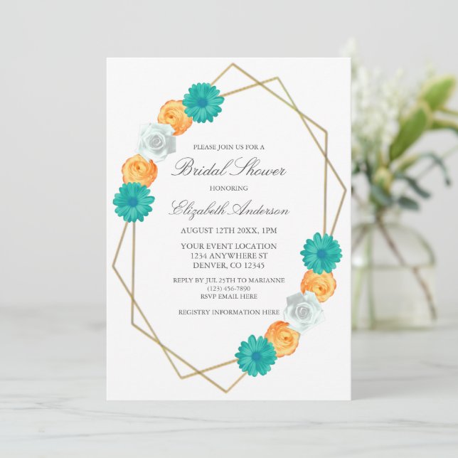 Invitación Naranja Verde azulada Floral Geométrica Bridal Sho (Anverso de pie)