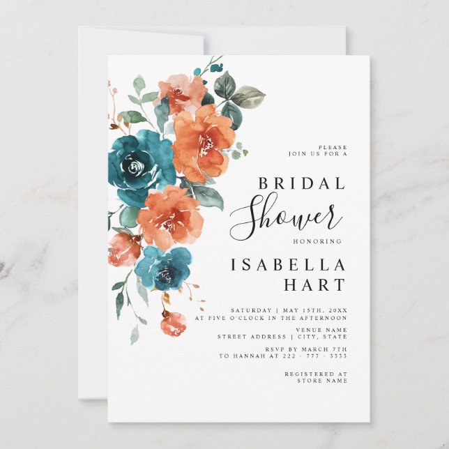 Invitación Naranja verde azulada quemada floral Rustic Shower (Anverso)