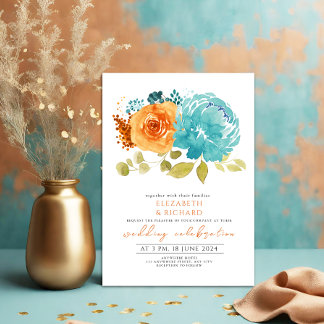 Invitación Naranja Verde azulada quemada moderna Boda Floral 