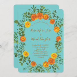 Invitación Naranja Verde azulado Aqua Peony Rosa Boda Floral