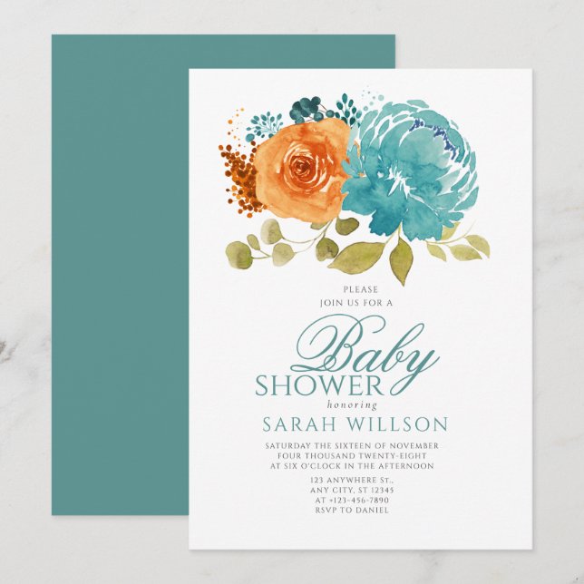Invitación Naranja verde azulado Boho FallTerracotta Floral B (Anverso / Reverso)