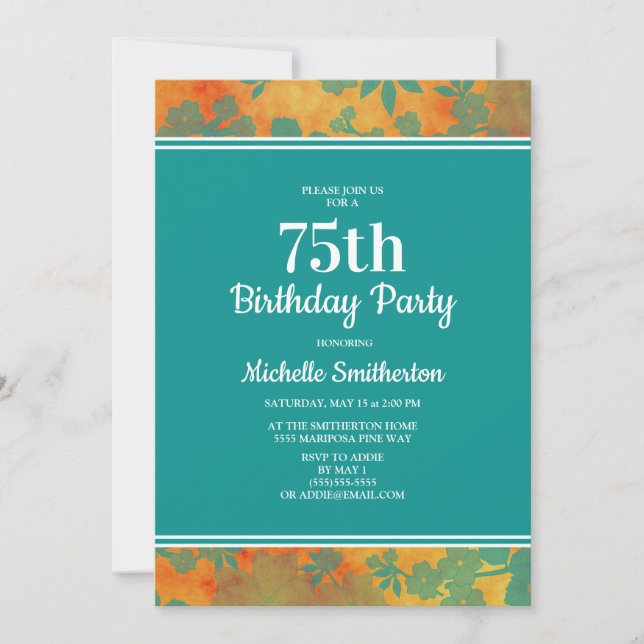 Invitación Naranja verde azulado Floral 75ª fiesta de cumplea (Anverso)