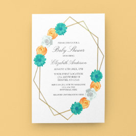 Invitación Naranja Verde azulado Floral Geométrica Baby Showe