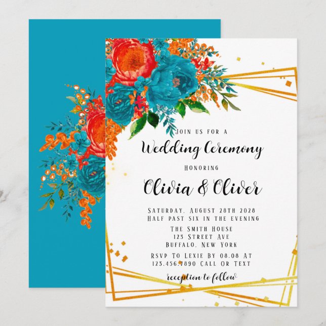 Invitación Naranja verde azulado Florals Boda de oro (Anverso / Reverso)