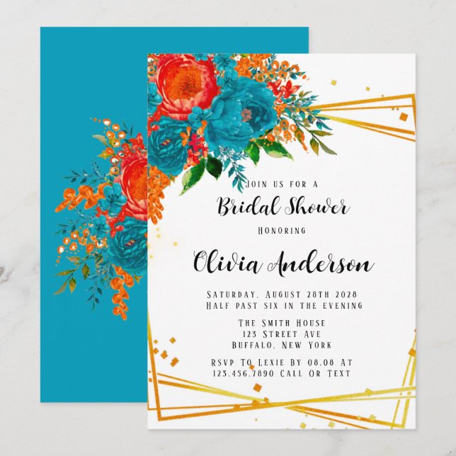 Invitación Naranja verde azulado Florals Gold Bridal Shower I (Anverso / Reverso)