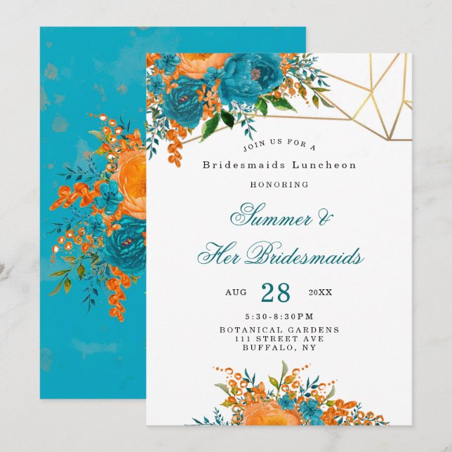 Invitación Naranja verde azulado Oro Floral Bridesmaids Lunch (Anverso / Reverso)