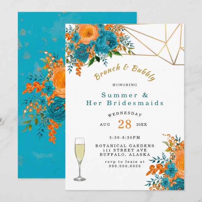 Invitación Naranja verde azulado Pintado Brunch y Bubbly flor (Anverso / Reverso)