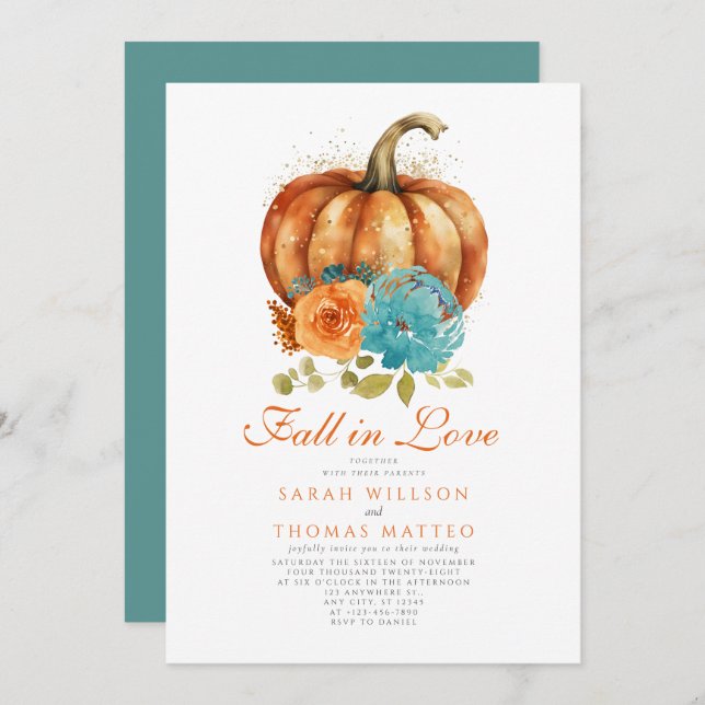 Invitación Naranja verde azulado Quemado Floral Caída En El A (Anverso / Reverso)