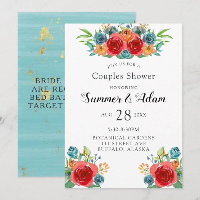Invitación Naranja verde azulado Red Florals Gold Couples Sho (Anverso / Reverso)