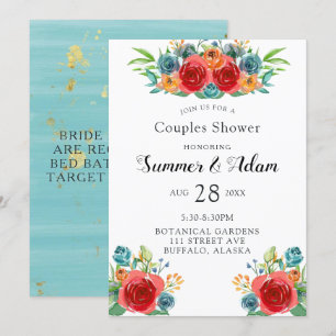 Invitación Naranja verde azulado Red Florals Gold Couples Sho