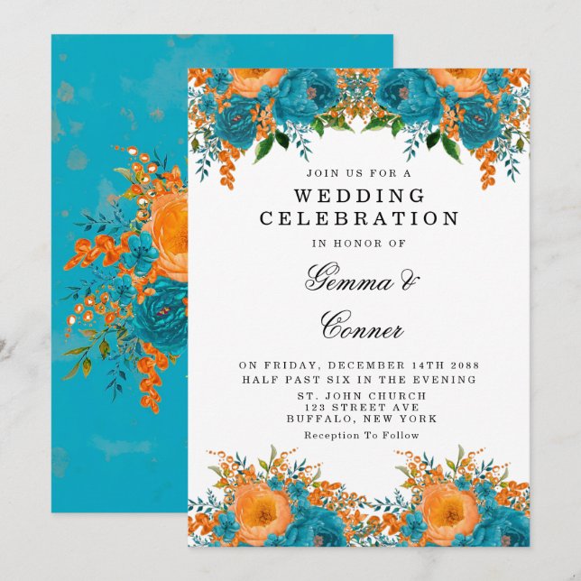 Invitación Naranja Verde azulado ruso acuarela Boda floral (Anverso / Reverso)