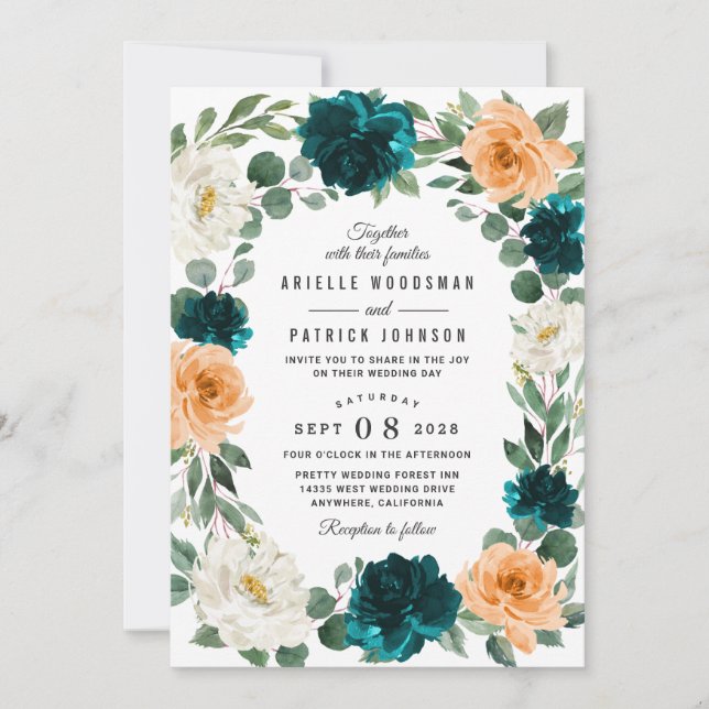 Invitación Naranja Verde azulado Turquesa Azul Elegante Boda  (Anverso)