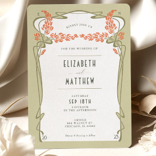 Invitación Naranja verde Boda Art Nouveau vintage