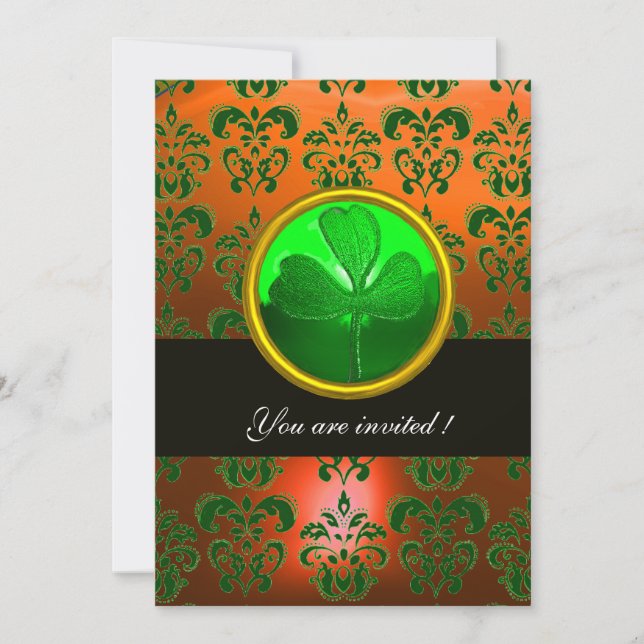 Invitación Naranja VERDE DAMASK CON SHAMROCK, negro (Anverso)