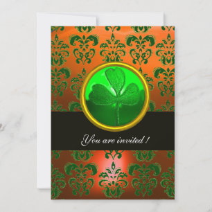 Invitación Naranja VERDE DAMASK CON SHAMROCK, negro