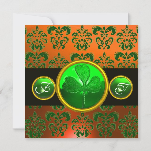 Invitación Naranja VERDE DAMASK, VERDE MONOGRAM negro (Anverso)