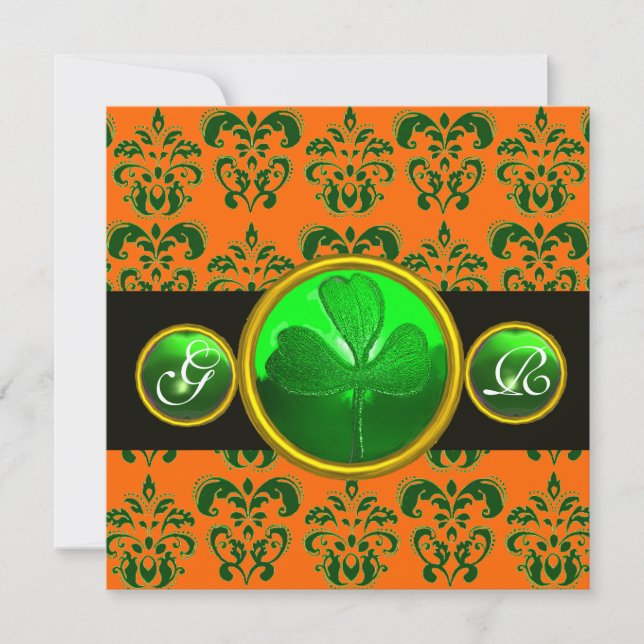 Invitación Naranja VERDE DAMASK, VERDE MONOGRAM negro (Anverso)