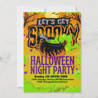 Invitación naranja verde purpura diseño plano de caldero burb