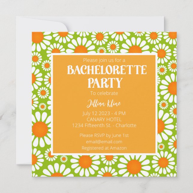 Invitación Naranja Verde Retro Daisy Bachelorette Itinerary (Anverso)
