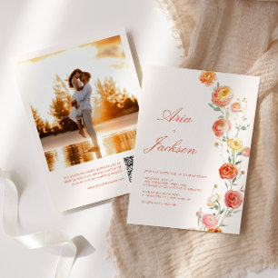 Invitación Naranja Verona Sunset Boda Floral Código QR Foto