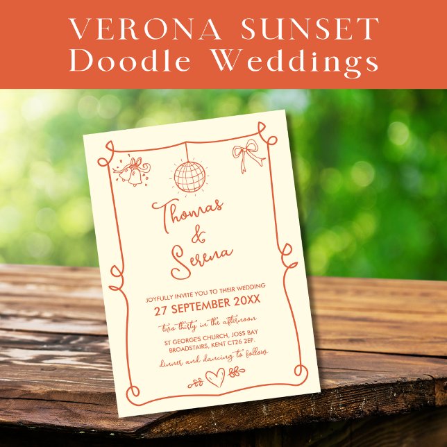 Invitación Naranja Verona Sunset Hand Drake French Doodle (Subido por el creador)
